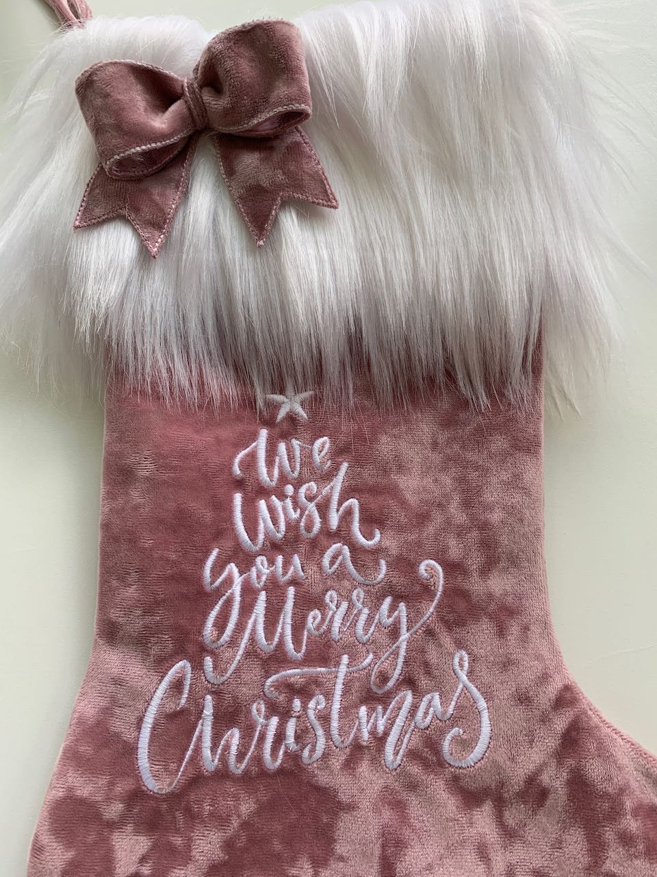 Christmas Stocking - Pink Velvet with Faux Fur Cuff - Merry Christmas