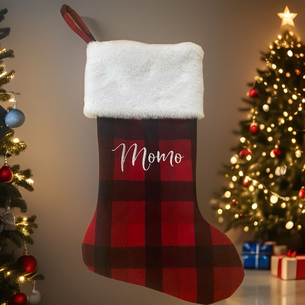 Christmas Stocking - Plaid with Faux Rabbit Fur
