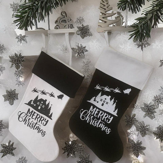 Christmas Stocking - Black and White Merry Christmas