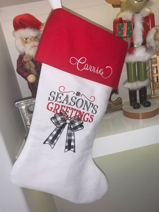 Christmas Stocking - Seasons Greetings Plaid Bow