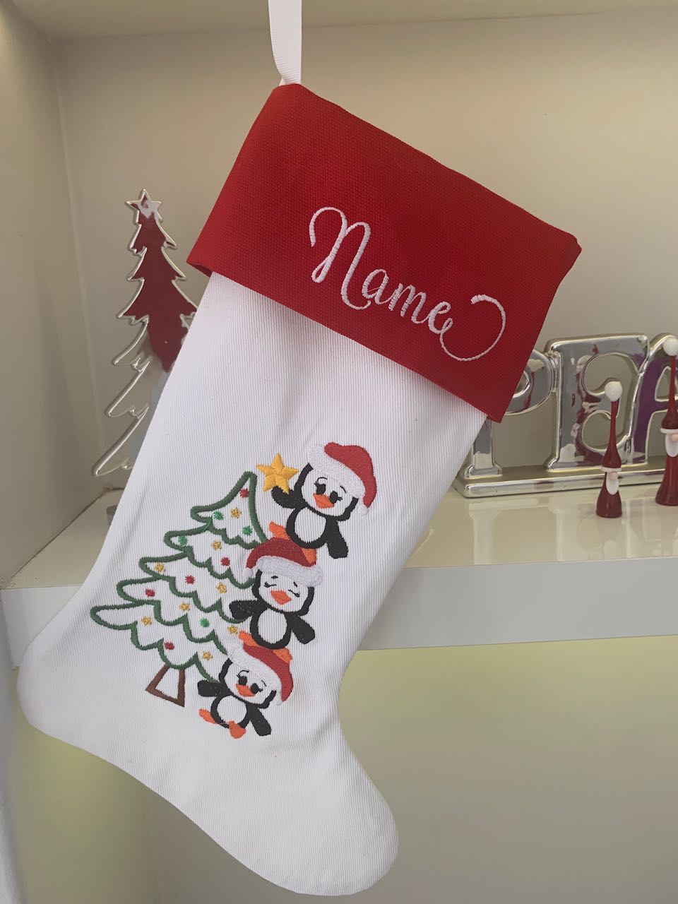 Christmas Stocking - Penguins decorating Christmas Tree