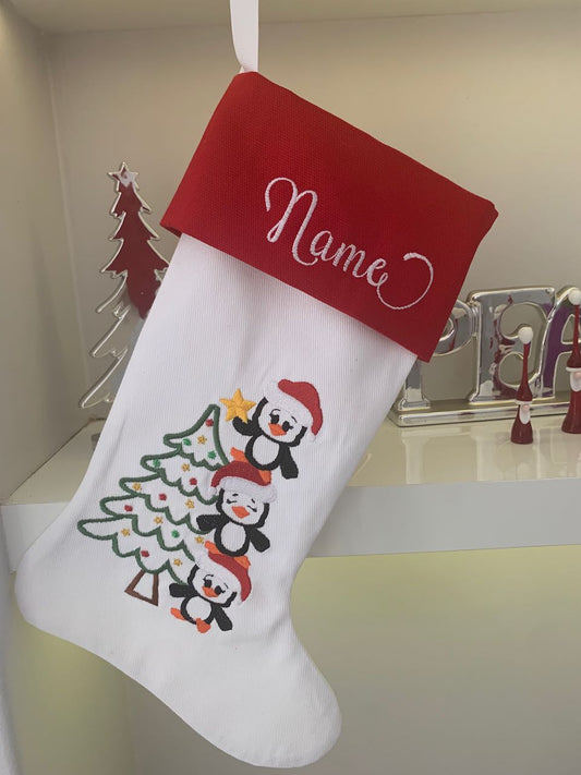 Christmas Stocking - Penguins decorating Christmas Tree