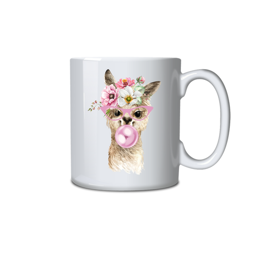 Llama with Glasses, Bubblegum and Flowers Mug