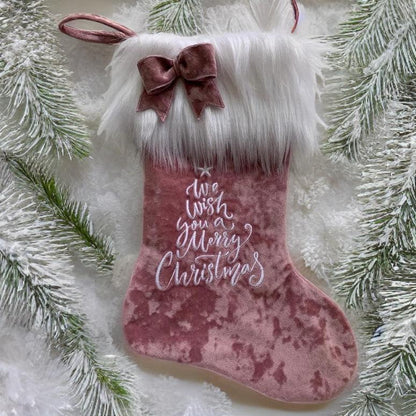 Christmas Stocking - Pink Velvet with Faux Fur Cuff - Merry Christmas