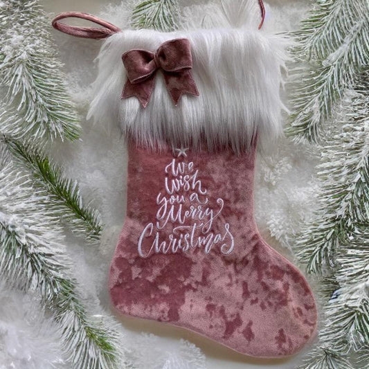 Christmas Stocking - Pink Velvet with Faux Fur Cuff - Merry Christmas